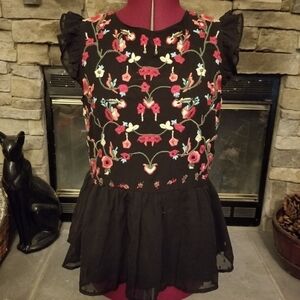 Black Floral Embroidered Peplin Cap Sleeve Top